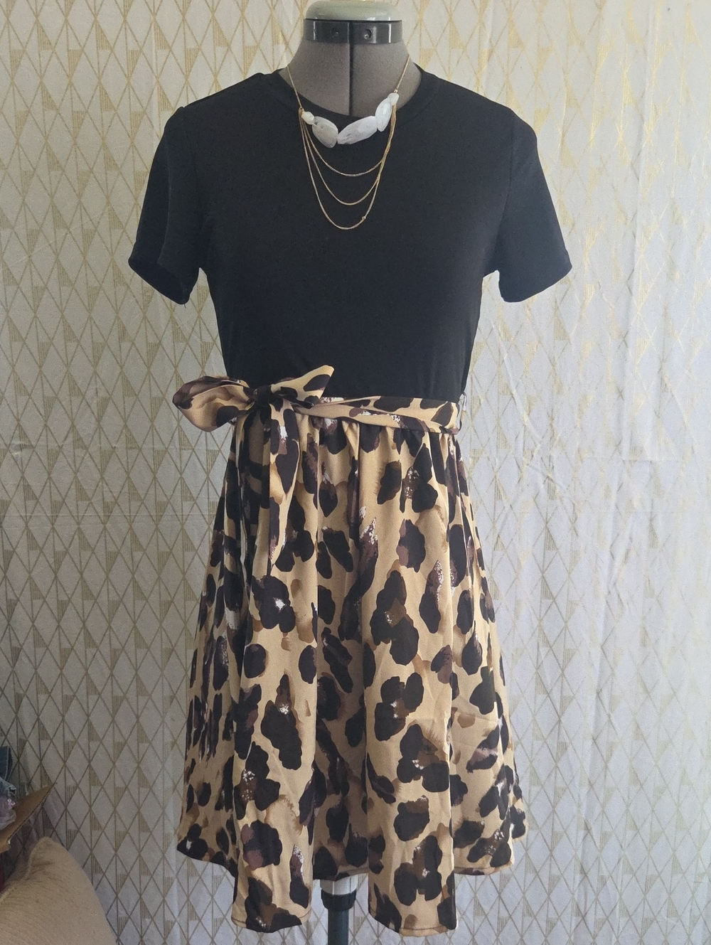 Black Top with Leopard Print Skirt Dress